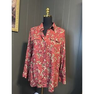 NWT Vintage Classic Elements Red Rose Long Sleeve Floral Button Up S Small